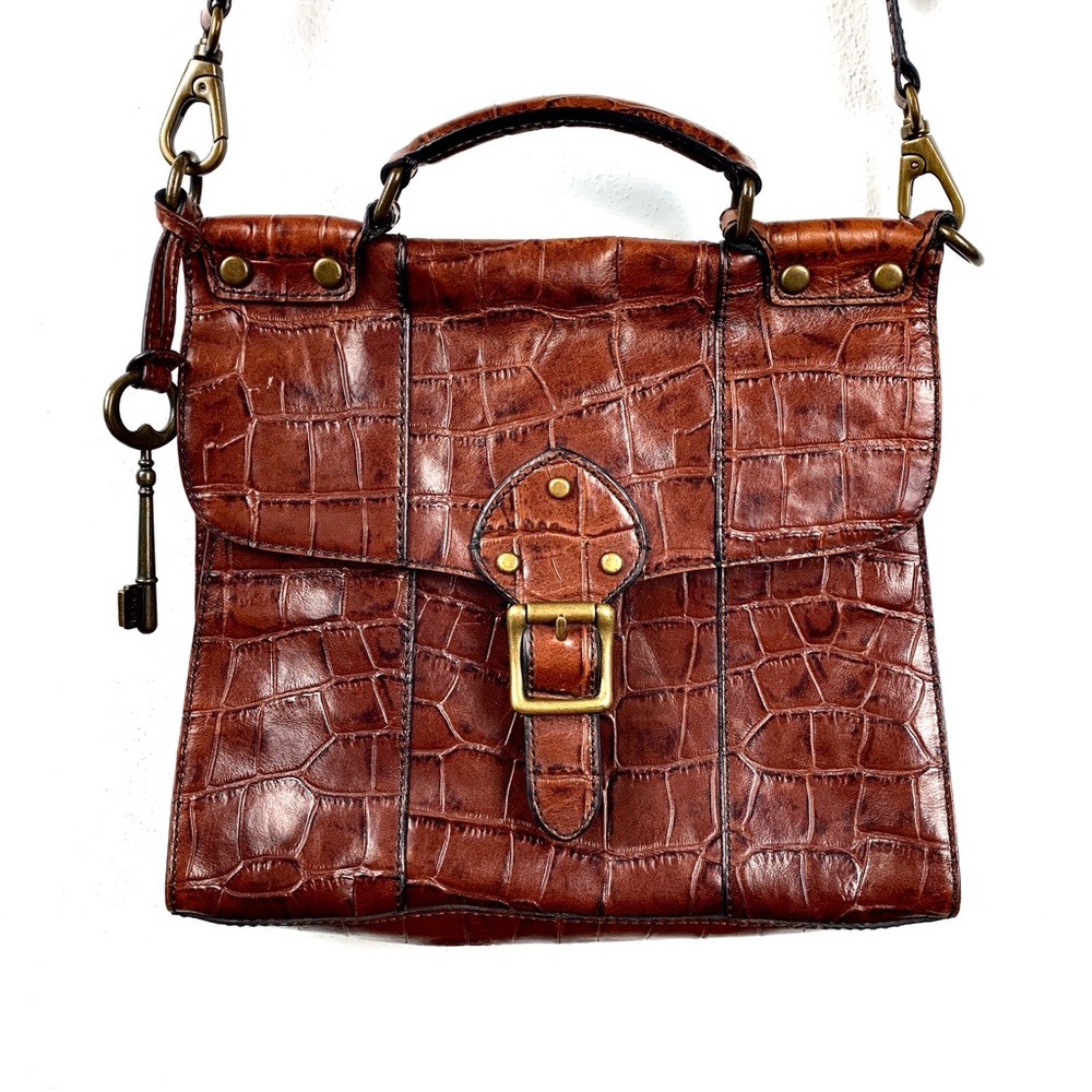 Fossil Leather Croc-Embossed ‘Vintage Revival’ Satchel/Saddle Bag/Crossbody